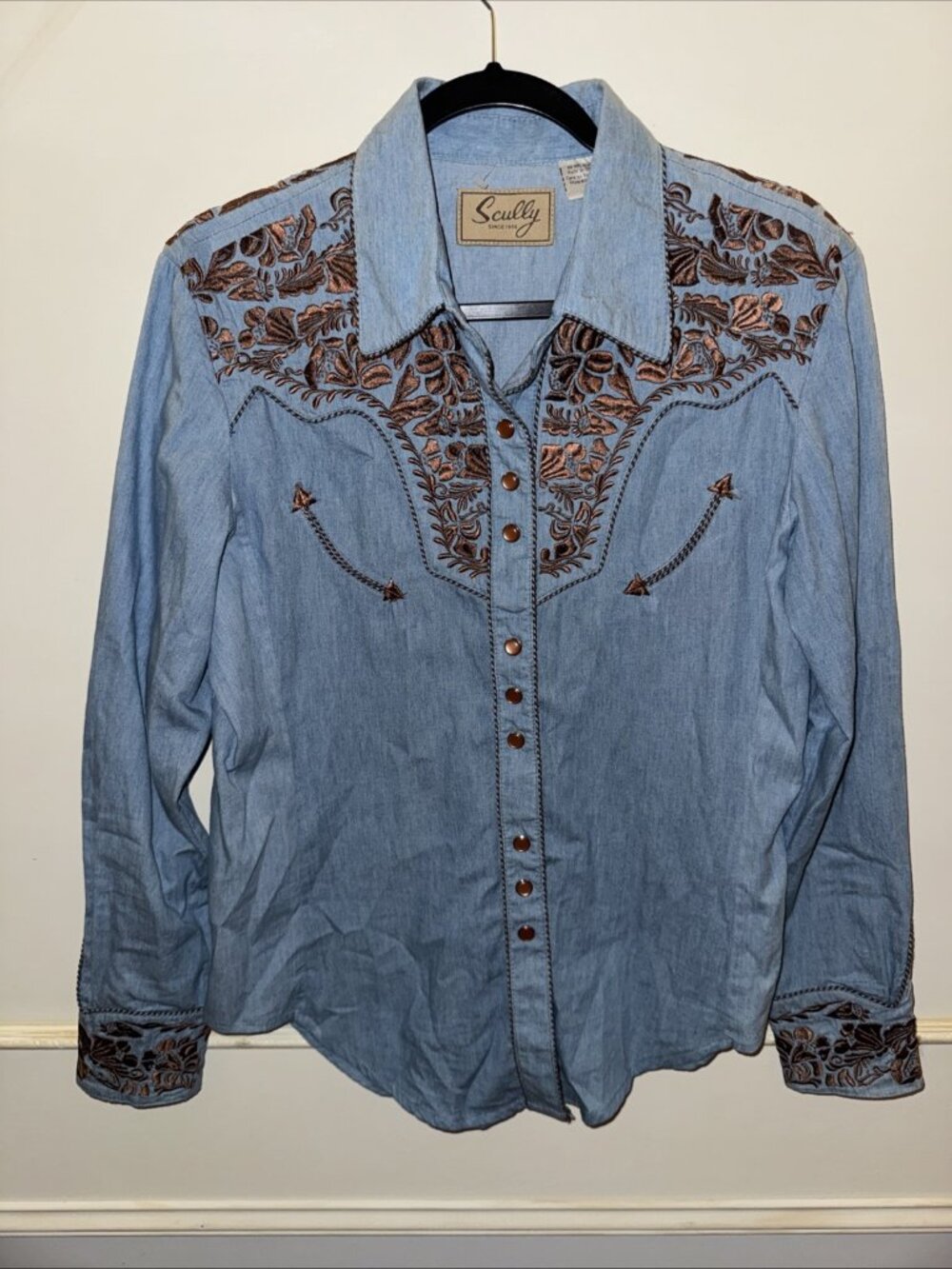 Scully Embroidered Western Floral Shirt Sz M Denim Pearl Snap Rodeo Women NWOT - Picture 2 of 11